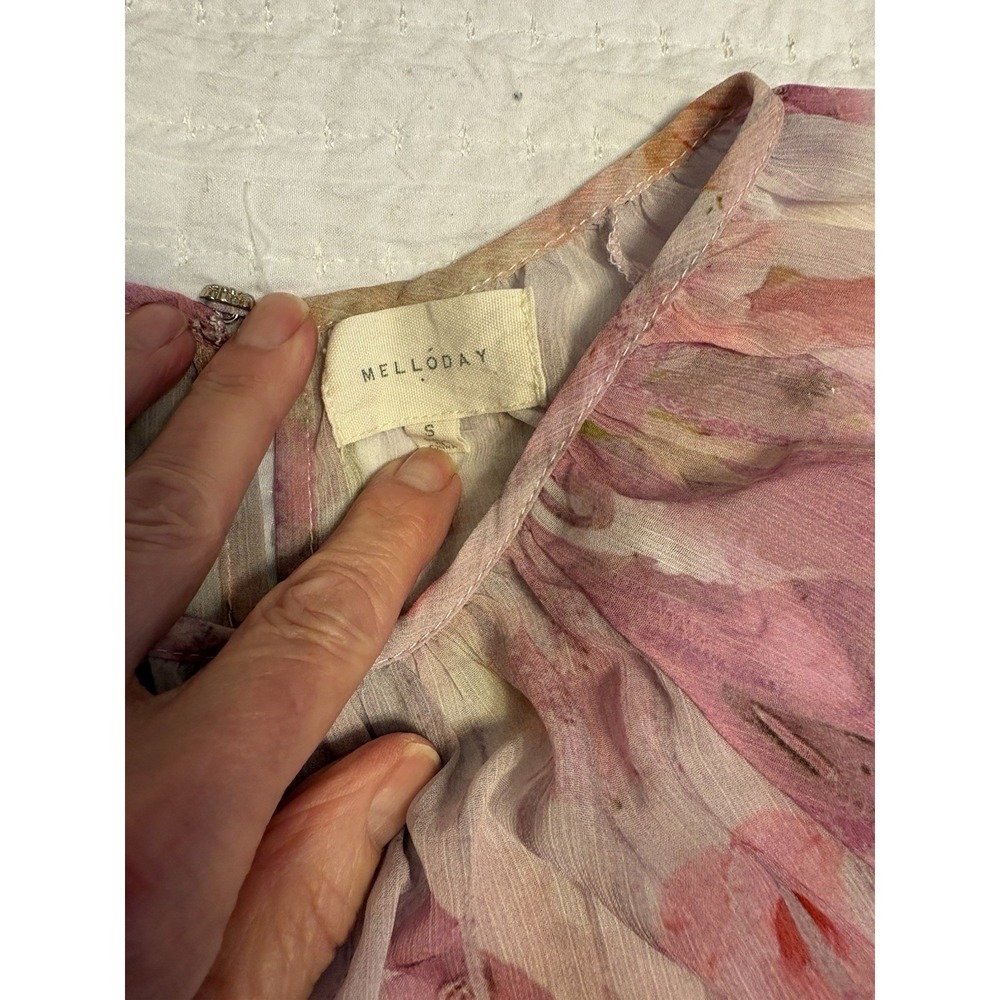Melloday, Anthropologie Chiffon Watercolor Dress, Boho, Pink, White, Purple, S - Picture 2 of 9